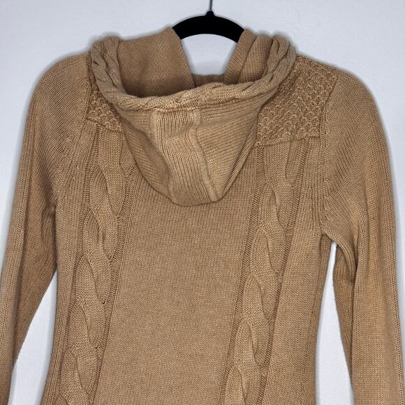Athleta Cable Knit Zip Up Sweater Cardigan Hooded Camel Size Small Pre-Loved - Picture 9 of 16